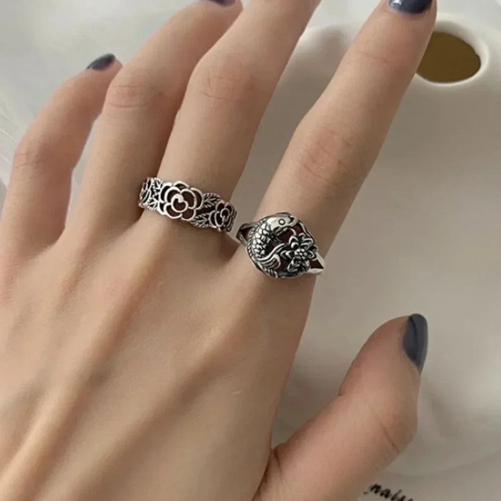 Minimalist 925 Sterling Silver Koi Fish Ring Lotus Flower Ring Geometric Ring